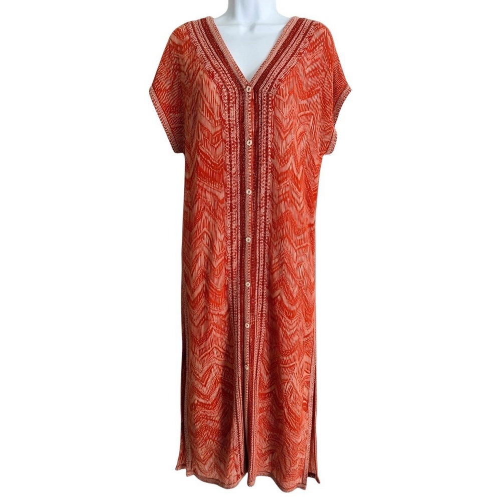Garnet Hill Maxi Dress M Gauze Organic Cotton Orange Beach Cover Up Slit Buttons - Picture 2 of 10